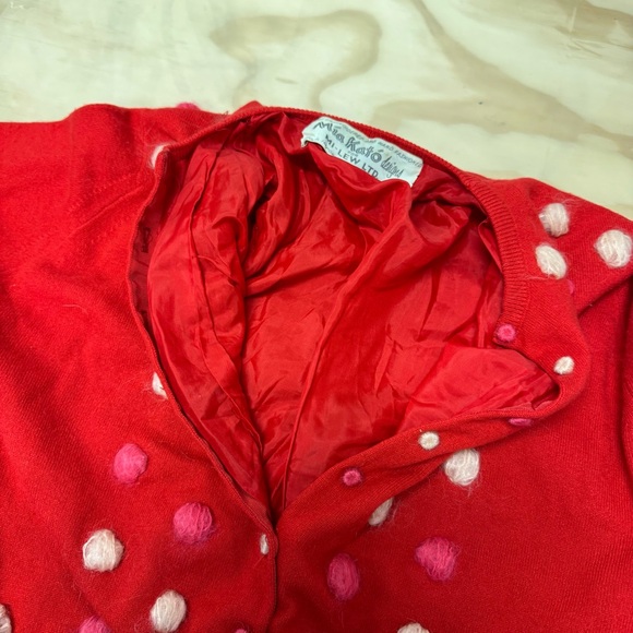 Vintage Mia Kato Design Cashmere Red Pom-Pom Cardigan Sweater Small - Picture 7 of 15